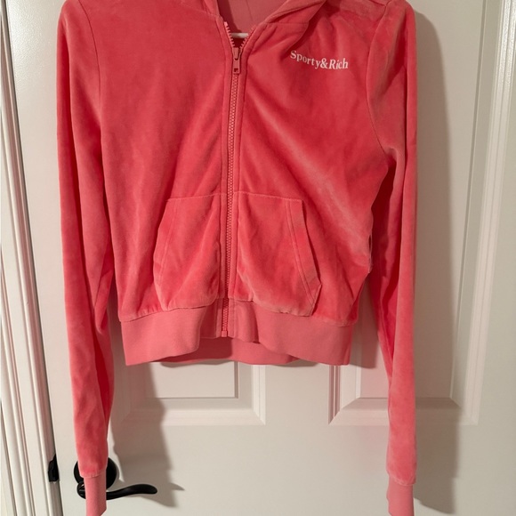 Sporty & Rich Sporty HEALTH CROP VELOUR ZIP-UP HOODIE IN COTTON CANDY size S - Picture 5 of 8